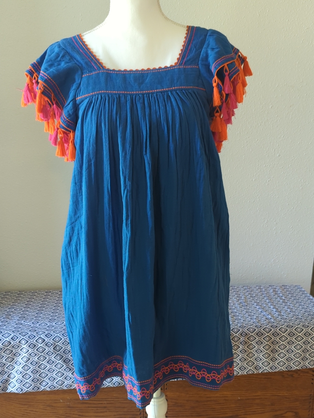 mer St Barth Blue 100% Cotton Tassel Sleeve Dress Boho New W Tags Size Small